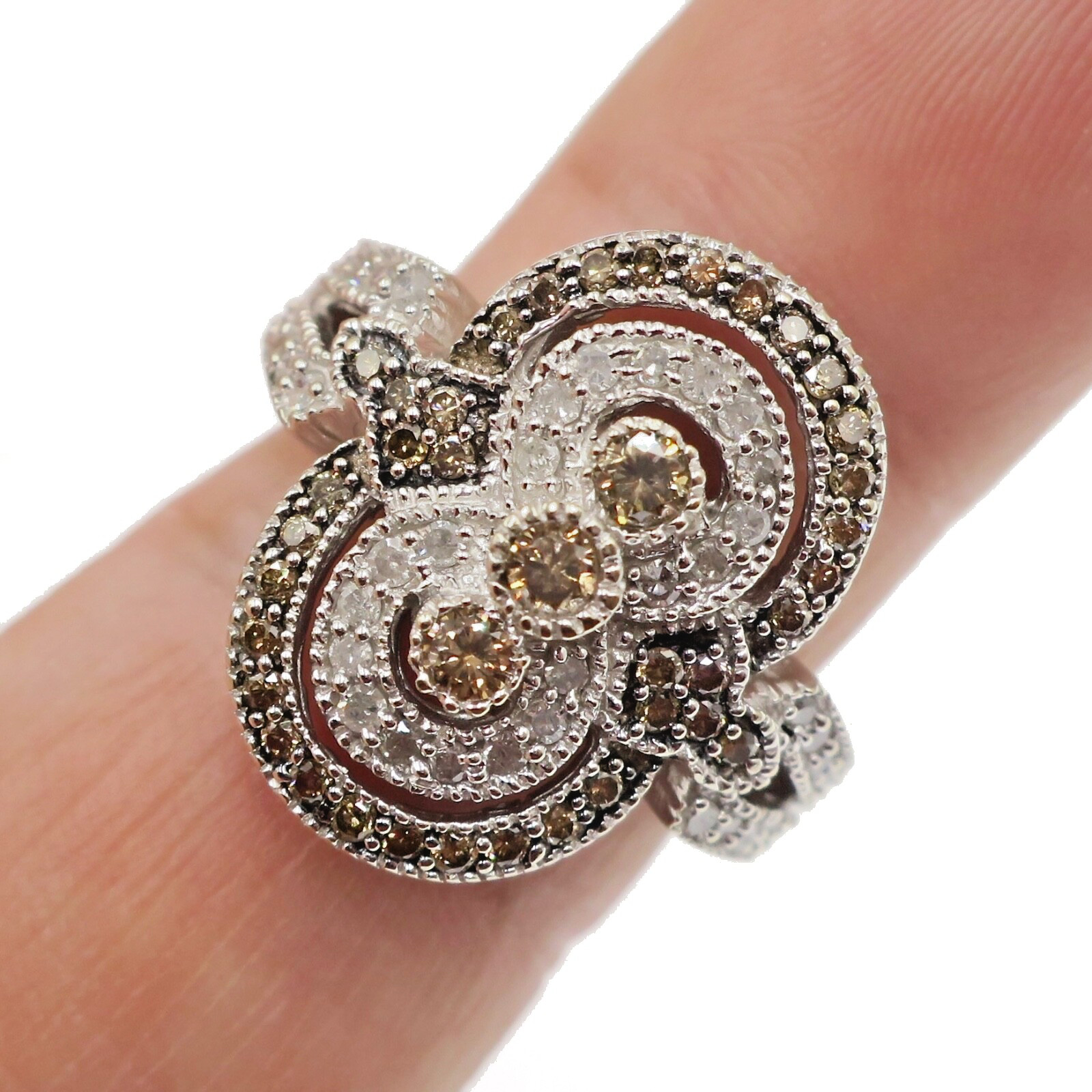 10k Solid White Gold Natural Champagne and White Diamond Cocktail Ring Size 7