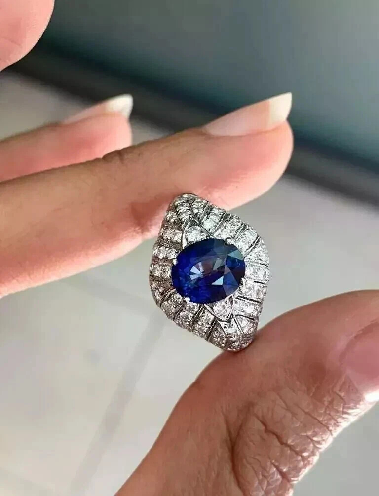 Art Deco Style Lab Created Sapphire Diamond 14k White Gold Finish Wedding Ring