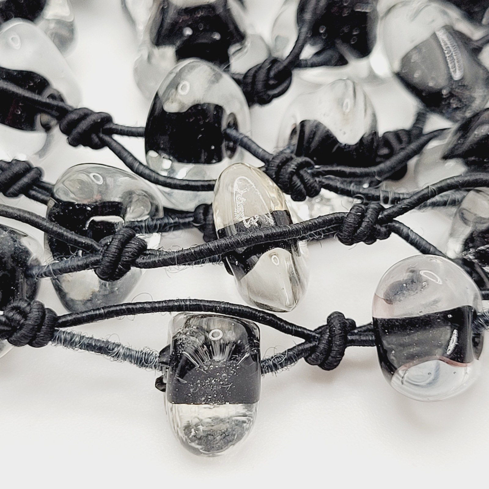 Art Glass Clear Ice Pebble Bead Hand Knot Black Thread Single Strand Necklace