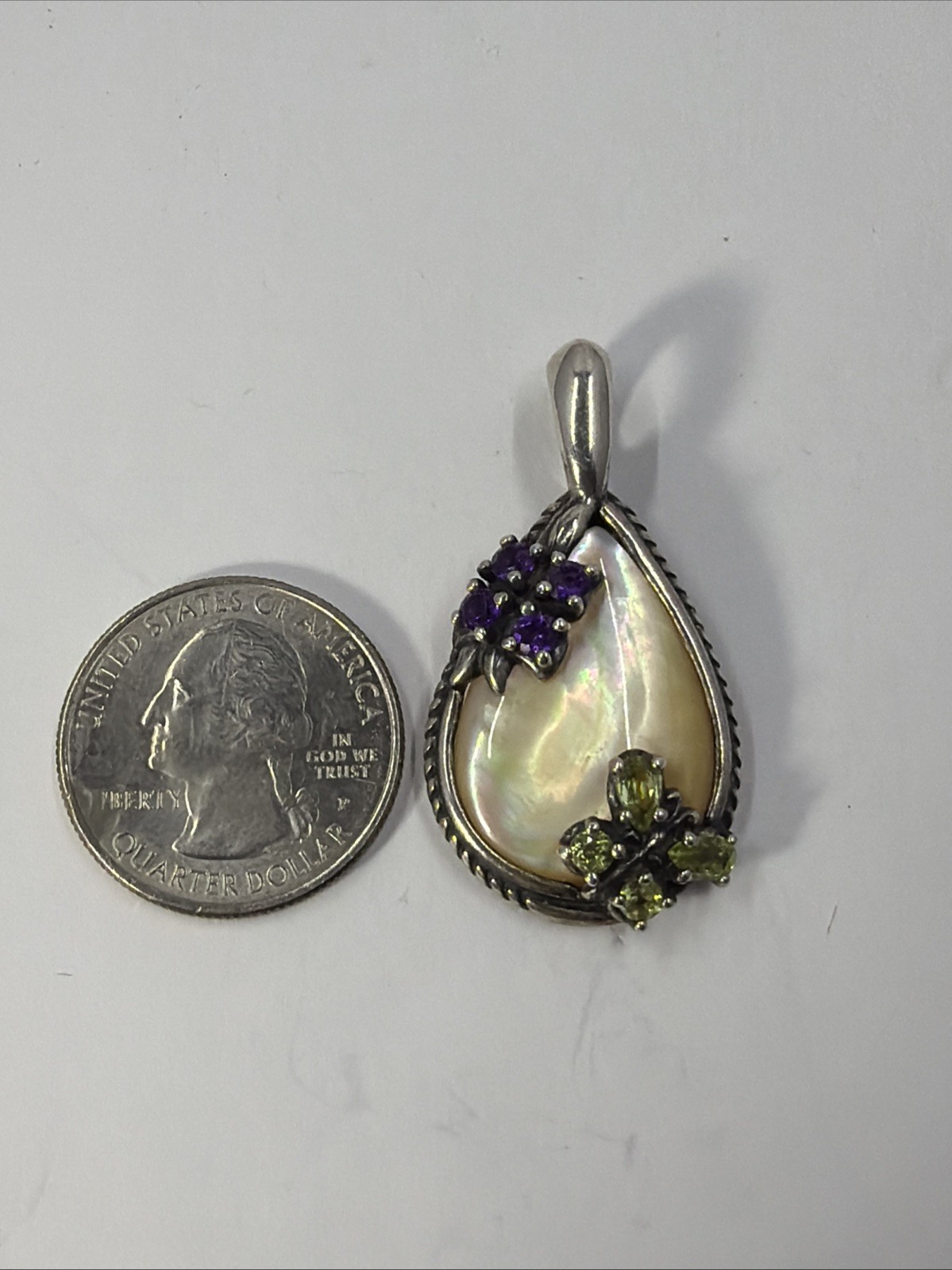 Vtg Carolyn Pollack Relios Mother Pearl Multi stone Flower Butterfly Pendant 925