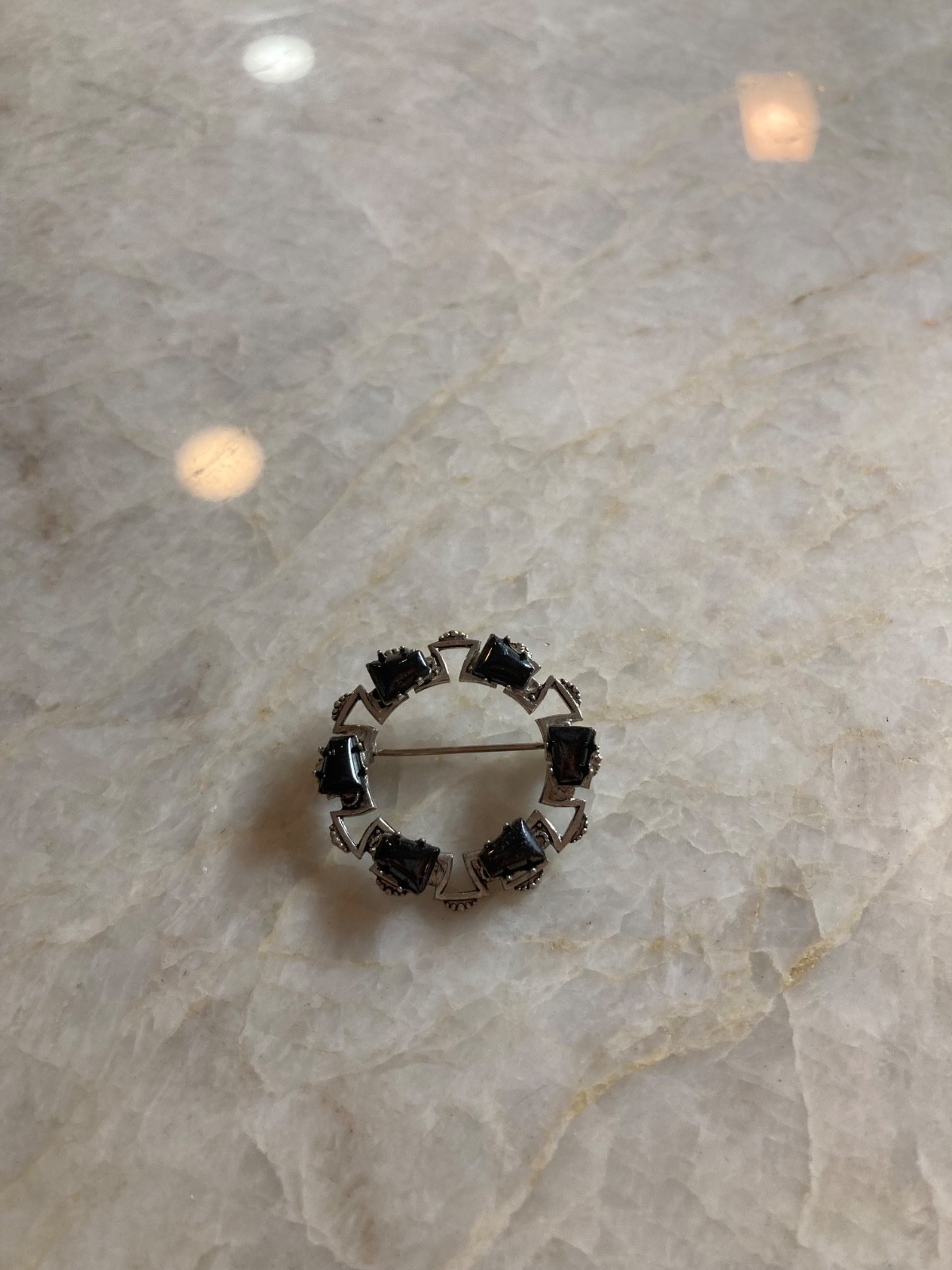 Vintage Silver Tone Brooch/Pin With Black Stone