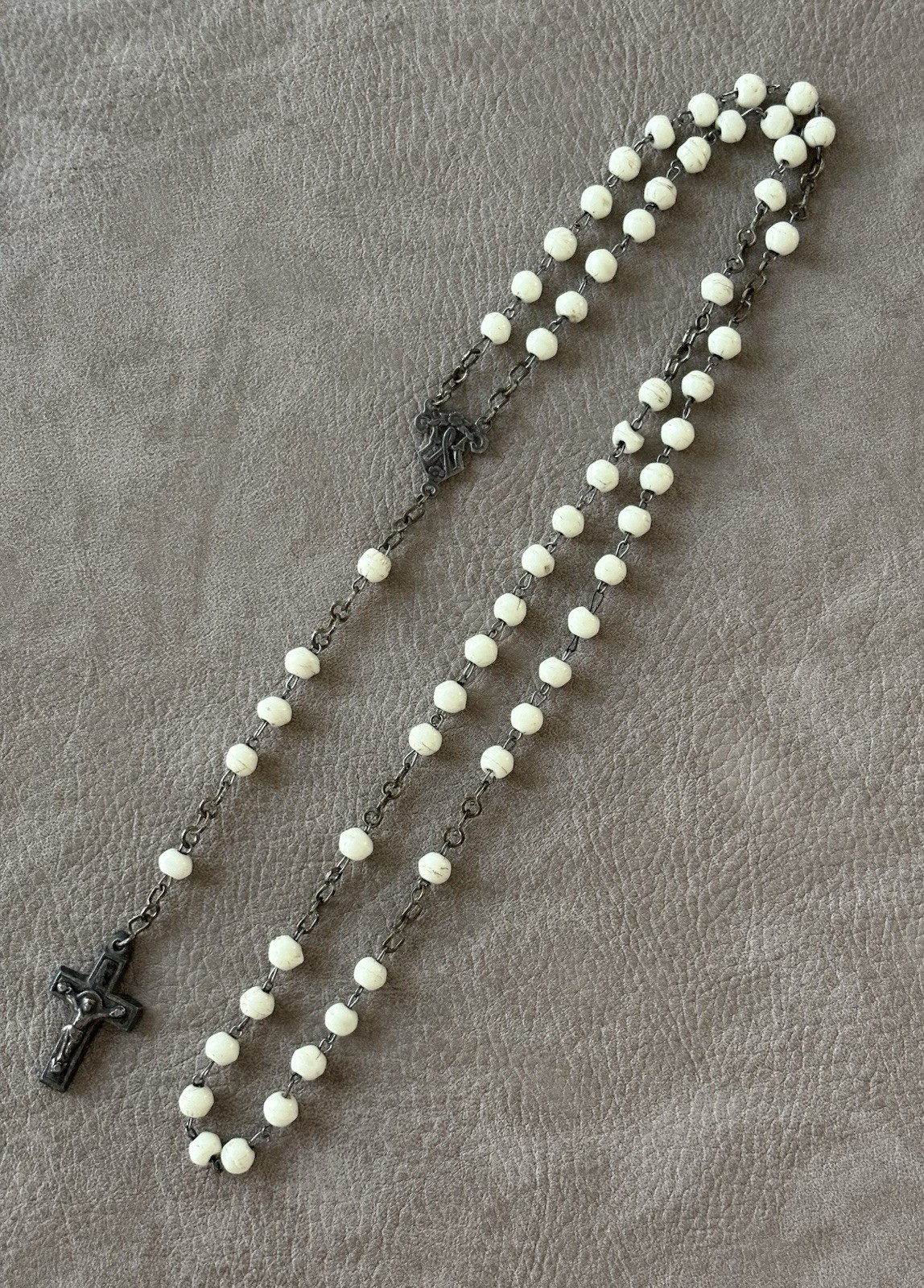 Rosary Alpaca Silver Necklace Crucifix VINTAGE 1900-1950s White Glass Beads