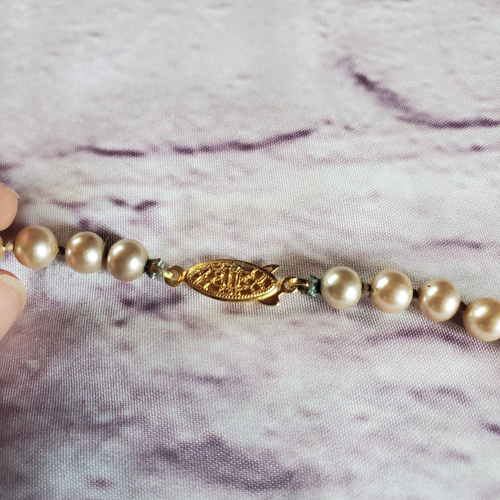 Vintage glass pearl necklace with sterling vermeil filigree clasp and hand knot