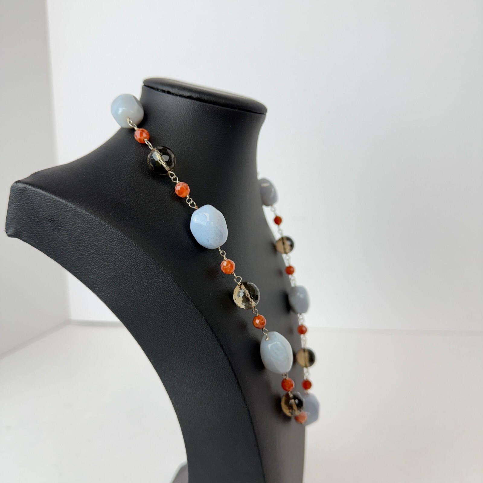 Polished Agate Blue Gemstone Smoky Quartz Faceted 19″ Chain Necklace 925 Clasp