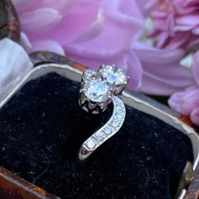 1 Ctw White Round CZ Victorian Two Stone Crossover Toi et Moi Ring In 925 Silver
