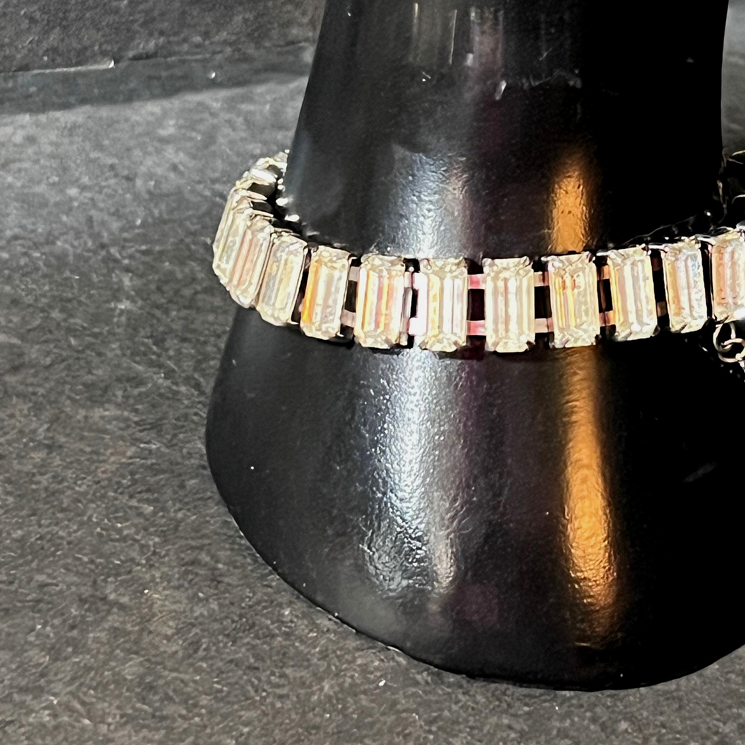 Vtg Wide Rhinestone Tennis Bracelet Box Clasp Safety Chain Octagon Cut Stones
