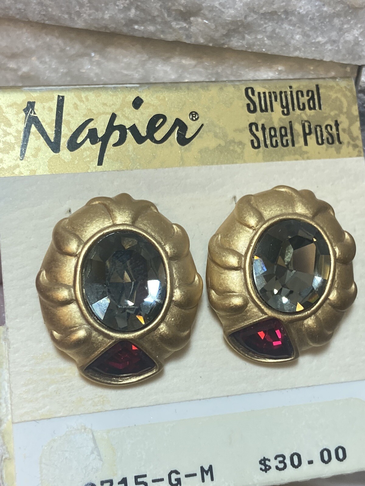 Vintage NAPIER Ruby Smokey Topaz Faceted Crystals Earrings Brushed Gold Art Deco