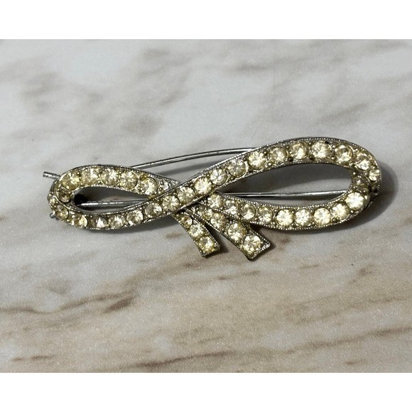 Vintage Clear Rhinestone Bow Dress Fur Clip Double Prong Silver Tone 1940s