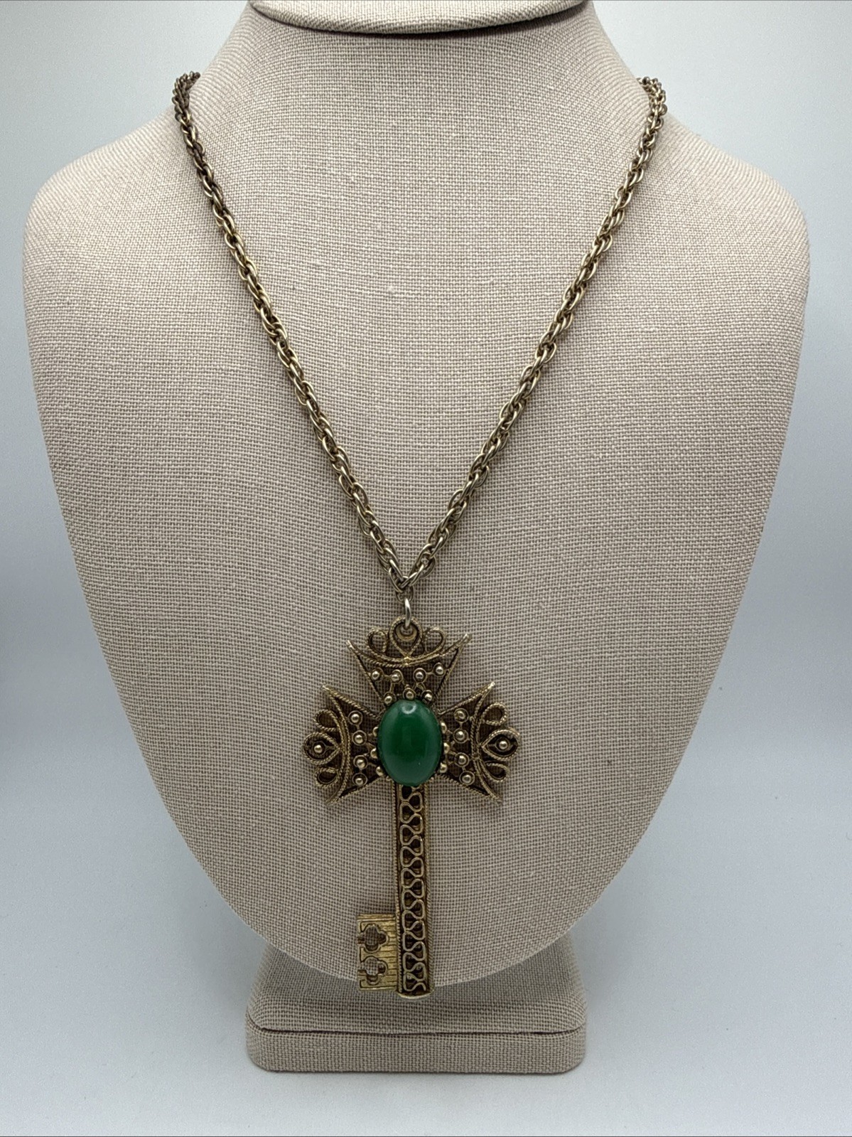 Vintage Gothic Style Cross Shaped Key Green Stone Necklace 24”