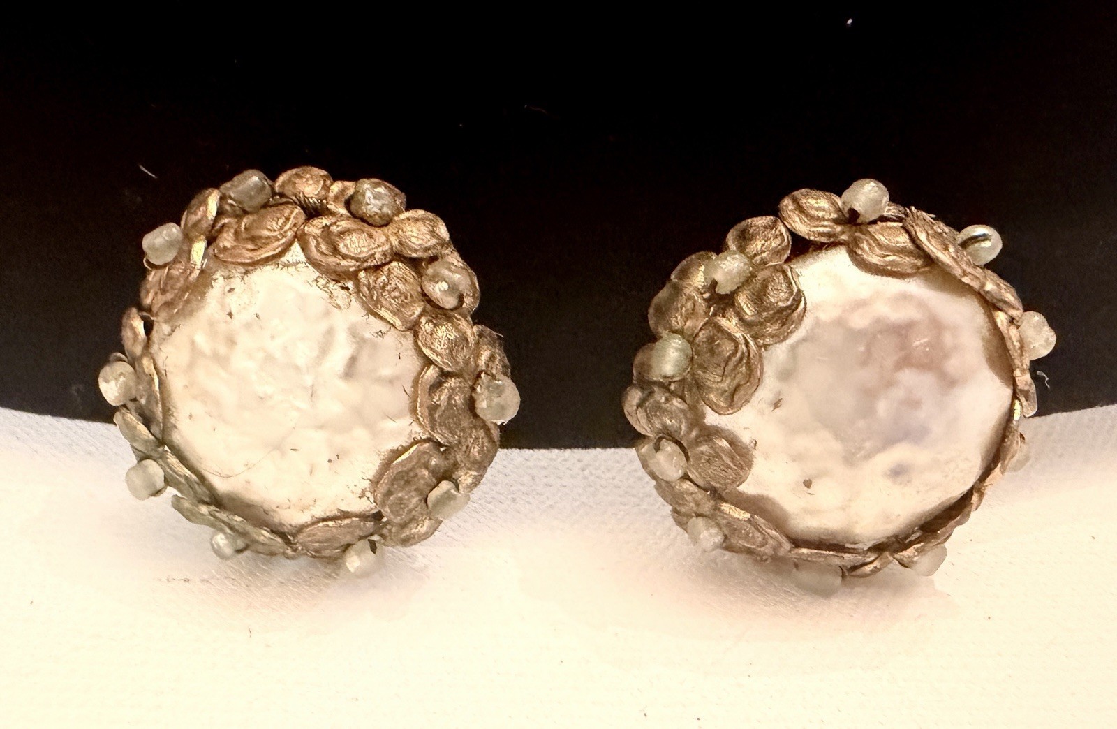 Vintage Miriam Haskell Brass Filigree Faux Pearl Clip On Earrings Mid Century