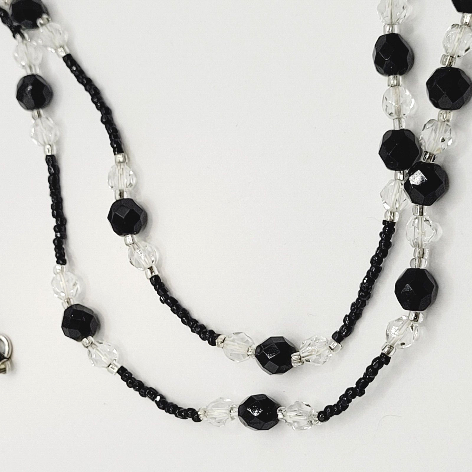 Modern Art Deco Black Clear Cut Crystal Bead Silver Tone Vintage Necklace 31 in
