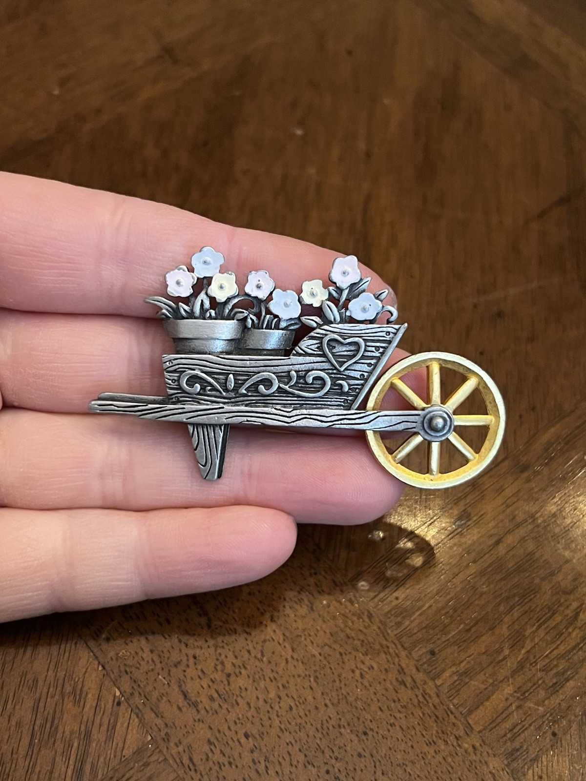 Vintage JJ Jonette Flowers in Wheelbarrow Brooch Signed Nice!