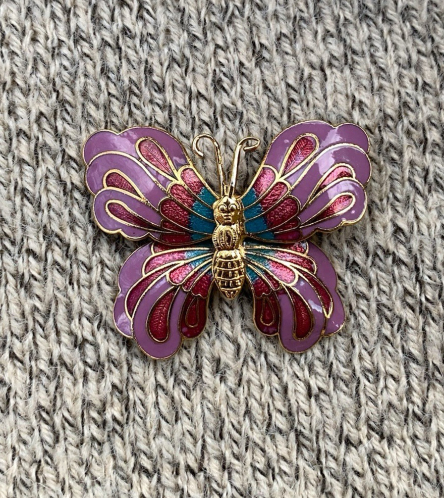 Vintage Butterfly Brooch Cloisone 3D Enamel Pink Lepidoptra 80s Gift Gold Tone