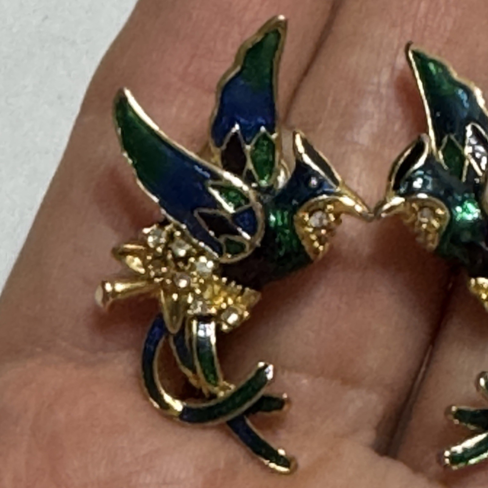 Vtg Enamel Hummingbird Pireced earrings Rhinestone Blue Green Large Stud Vivid