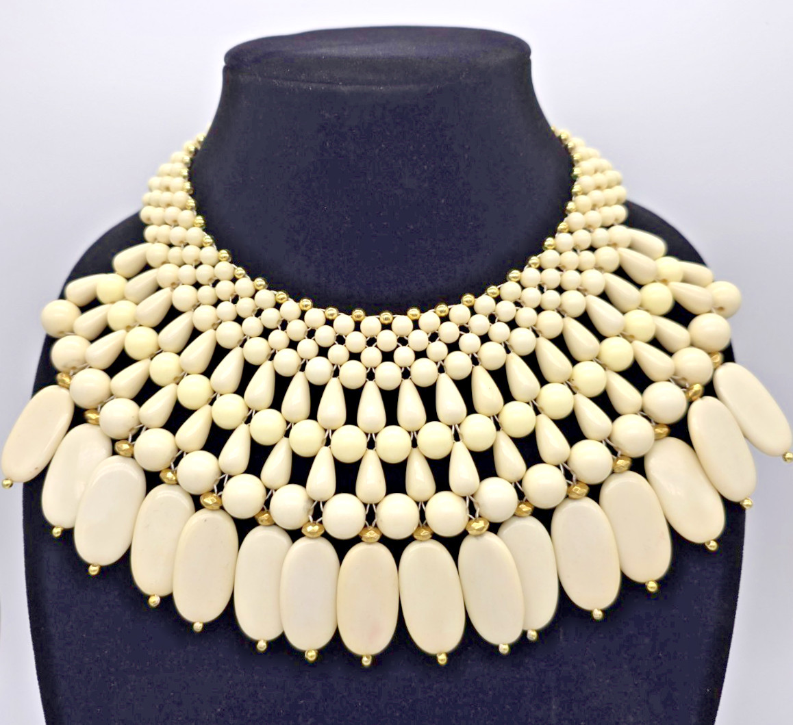 Vintage Style Cream Beaded Statement Bib Necklace | Tiered Choker | Boho Wedding