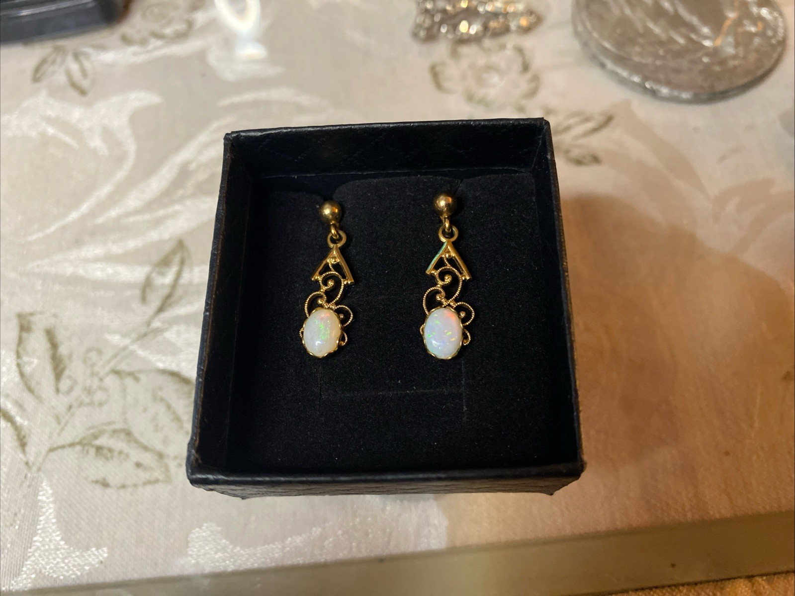14K Yellow Gold Opal Art Deco Dangle Stud Earrings Vintage 585