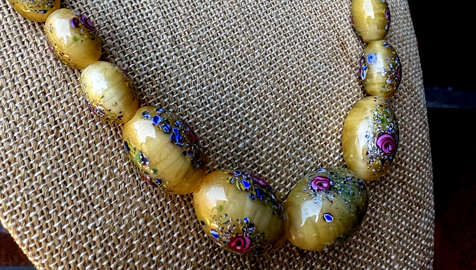 CZECH 1920’S NECKLACE YELLOW SATIN GLASS BEADS WITH FLOWERS 19.6″ Long