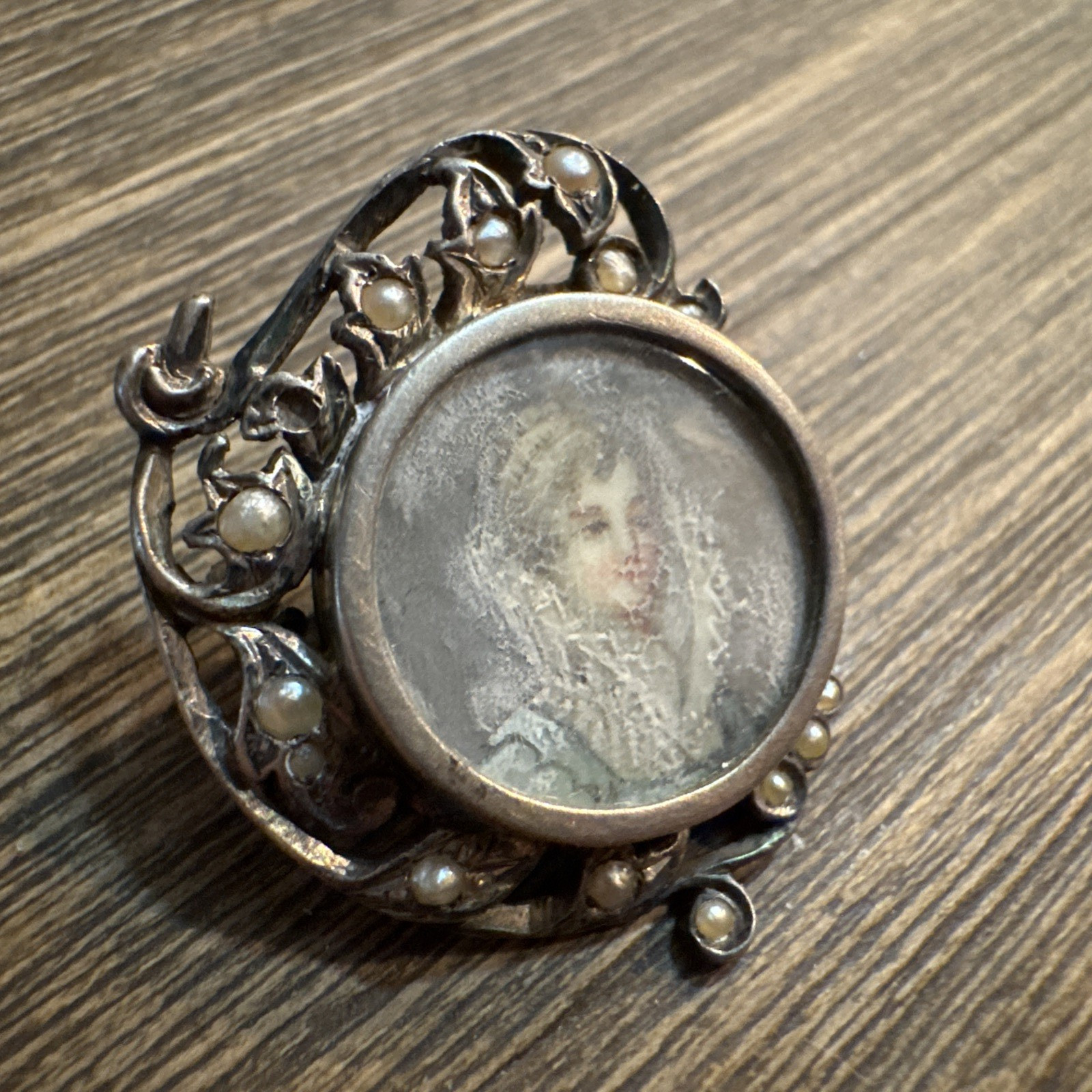 Antique Miniature Hand Painted Lady Rococo Portrait Brooch Seed Pearls READ