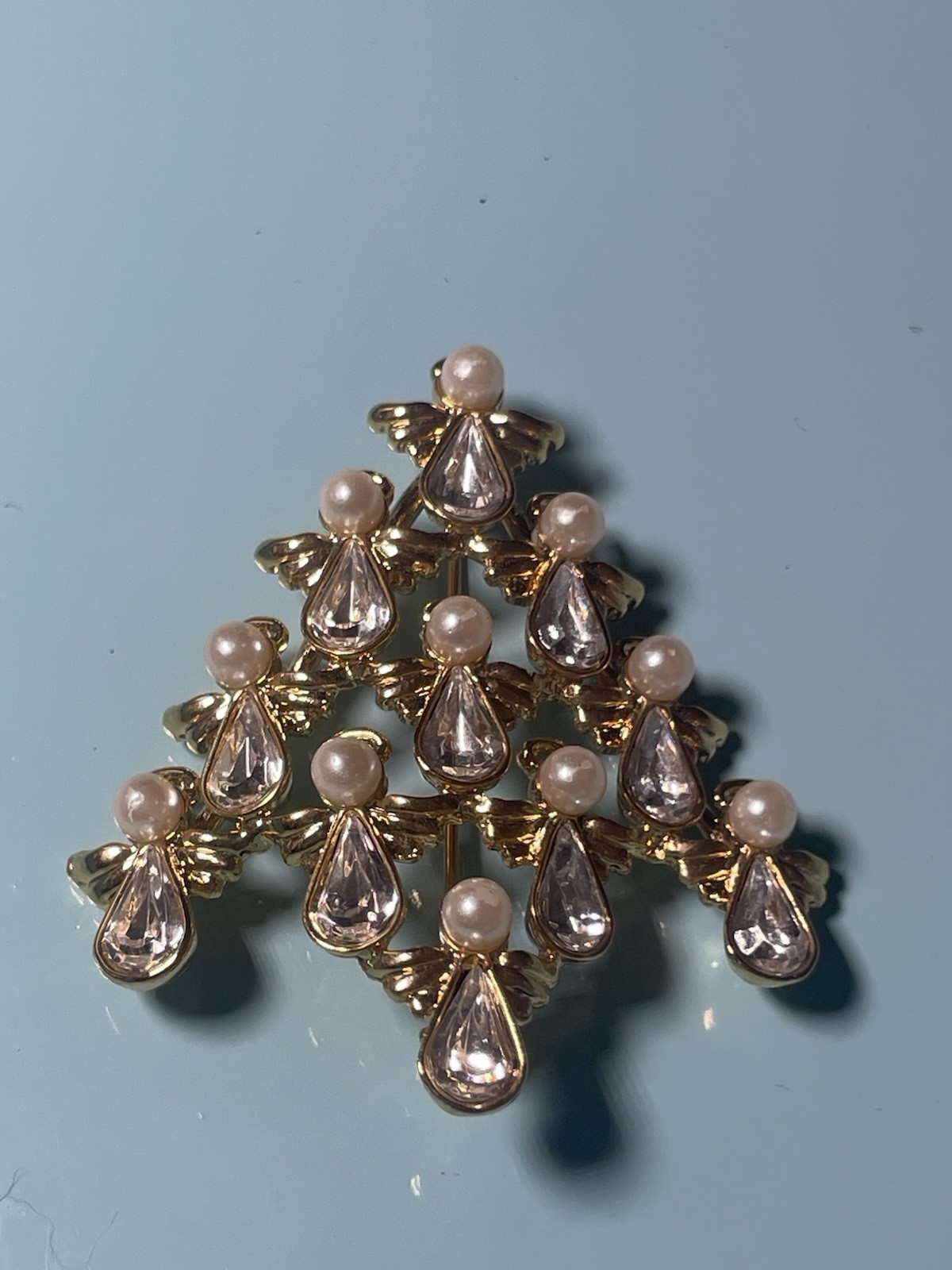 Vintage Christmas Angel Tree Brooch Gold Tone Faux Pearl Rhinestone Holiday Pin