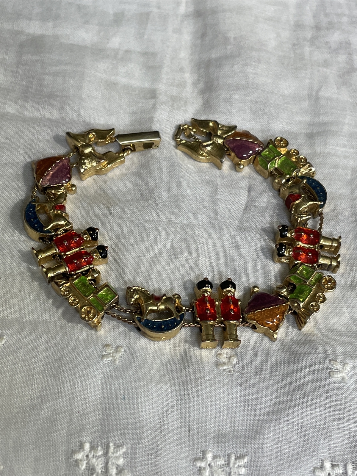 Vintage SP Enamel Christmas Slide Bracelet Train Rocking Horse Soldier YT-50