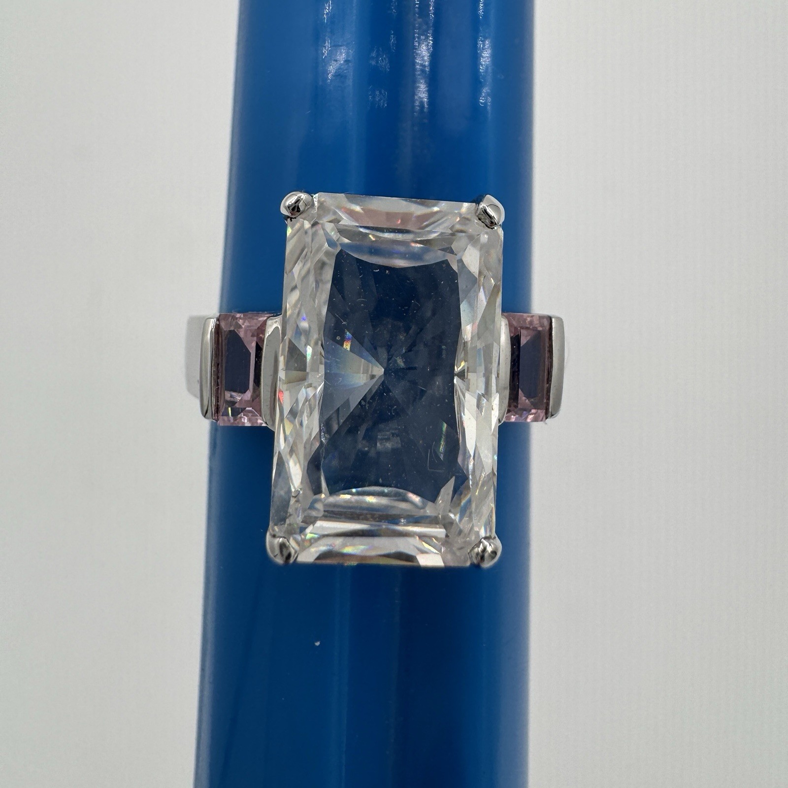 Vtg Hollywood Collection Ring Size 9 Clear CZ w/ Pink CZ Side Stones Silver 925