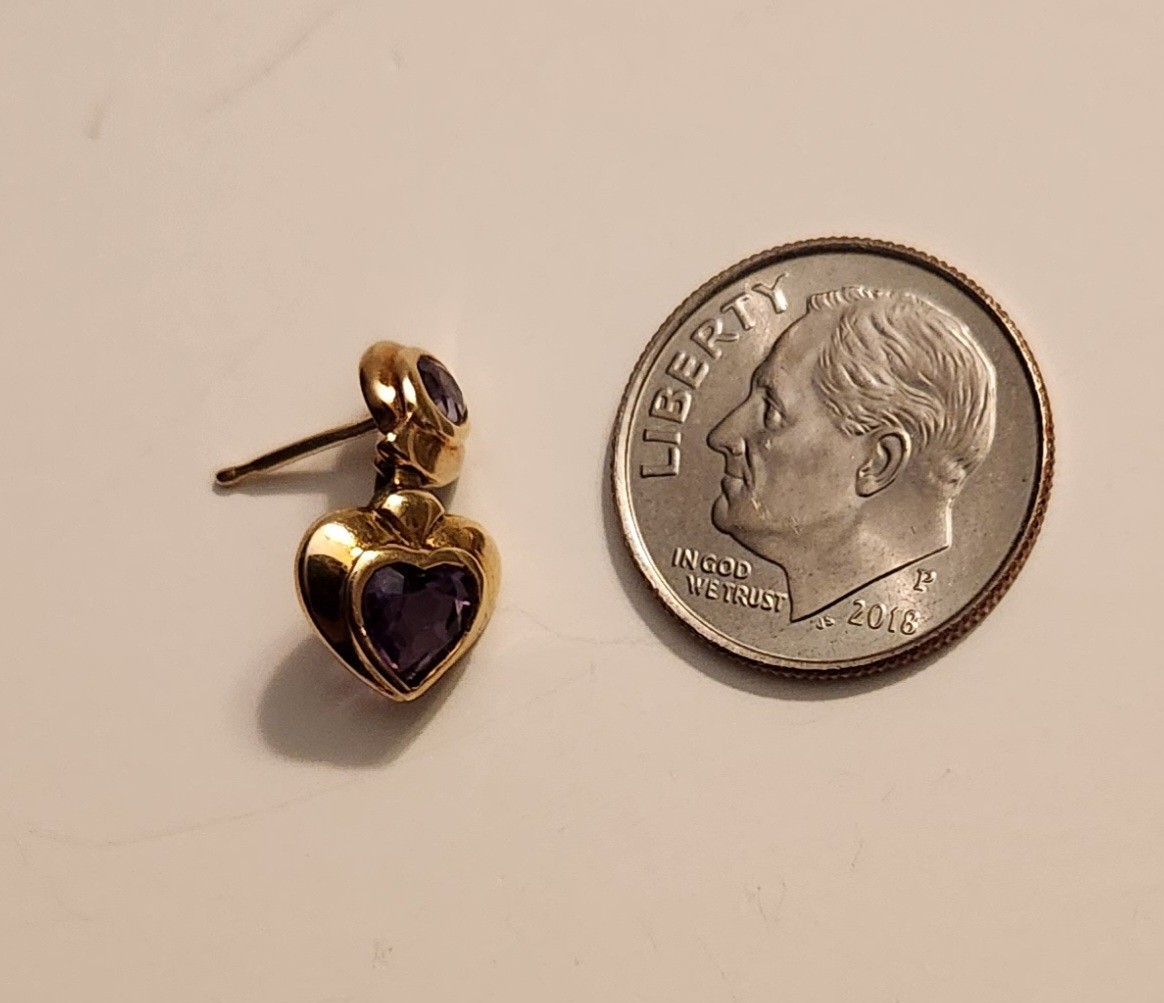 Vintage 14k Yellow Gold Drop Earrings – Heart & Round Bezel Set Amethyst Stones