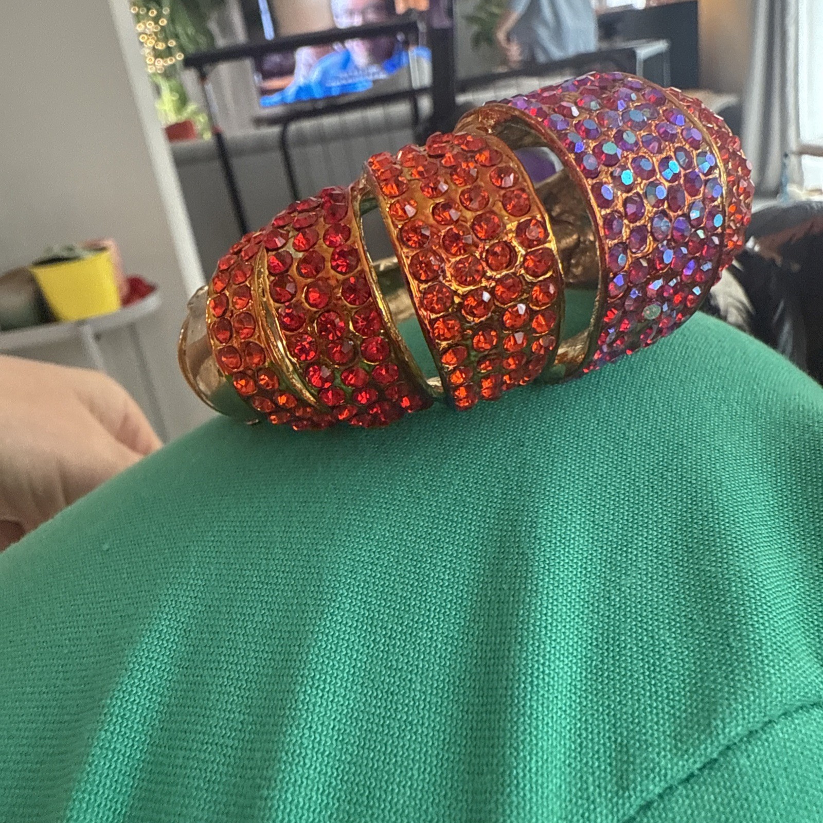 Vintage Hinged Cuff Bracelet Red Orange Fuchsia Rhinestone Crystal 1980s