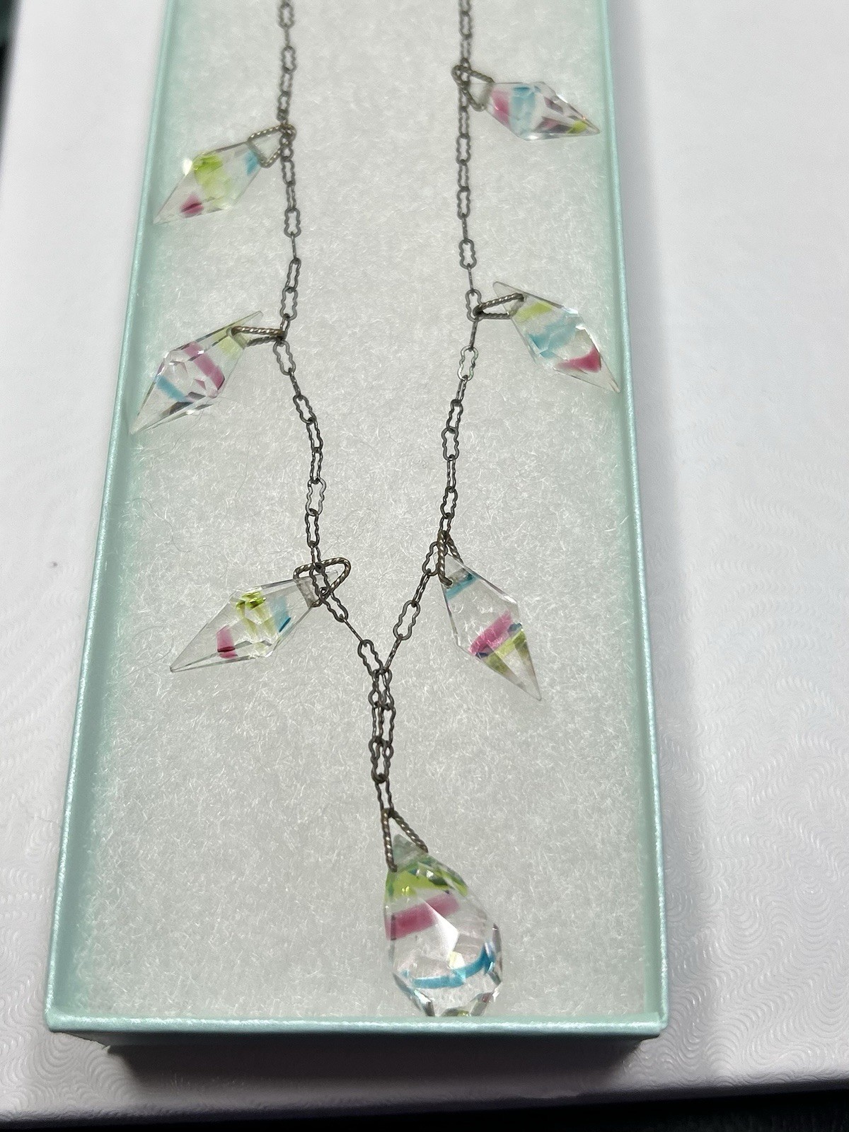 1920’s 17.5” Art Deco Czech Iris Rainbow Crystal Bicone Necklace Antique Chain
