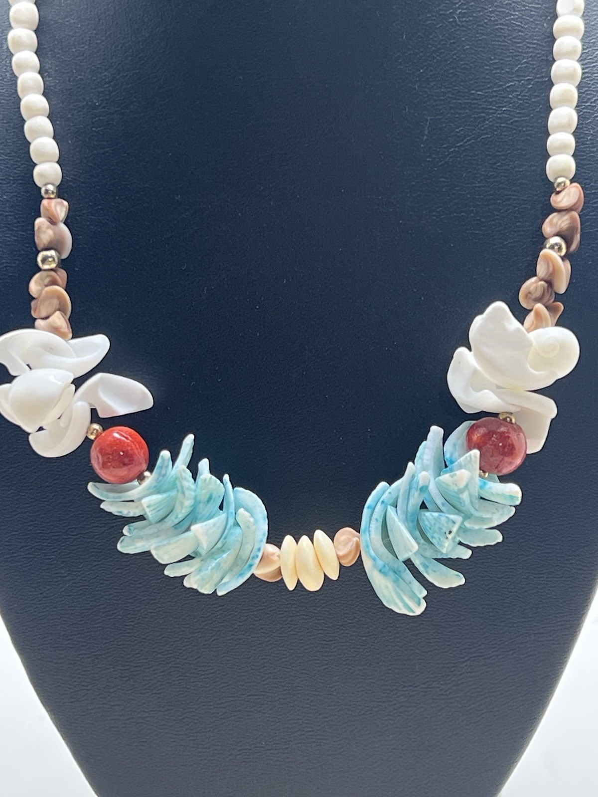 Vintage White and Blue Puka Shell With White Beads 16”Necklace