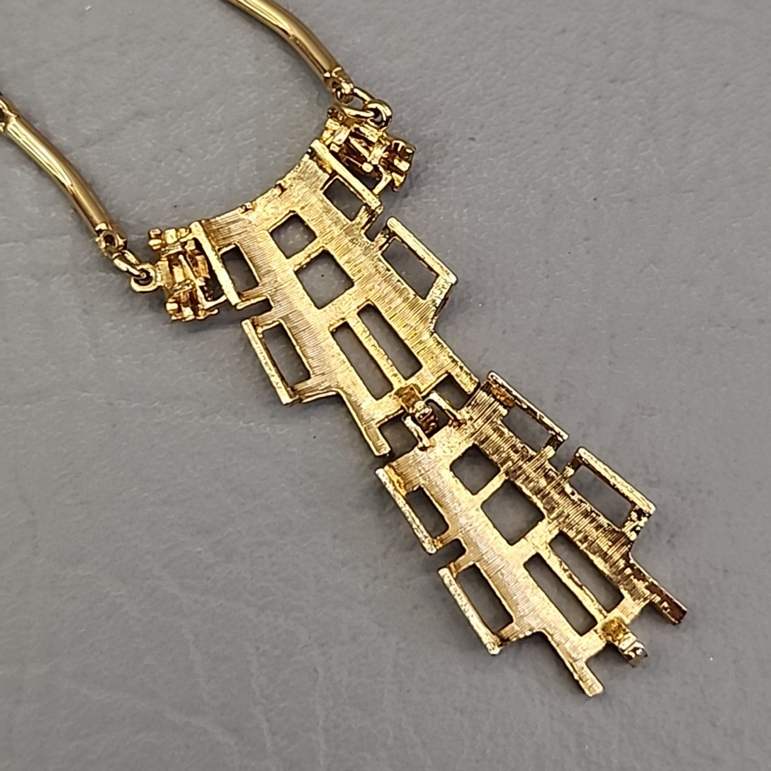 Vintage Modernist Necklace Gold Tone Geometric Dangle Pendant Articulated READ