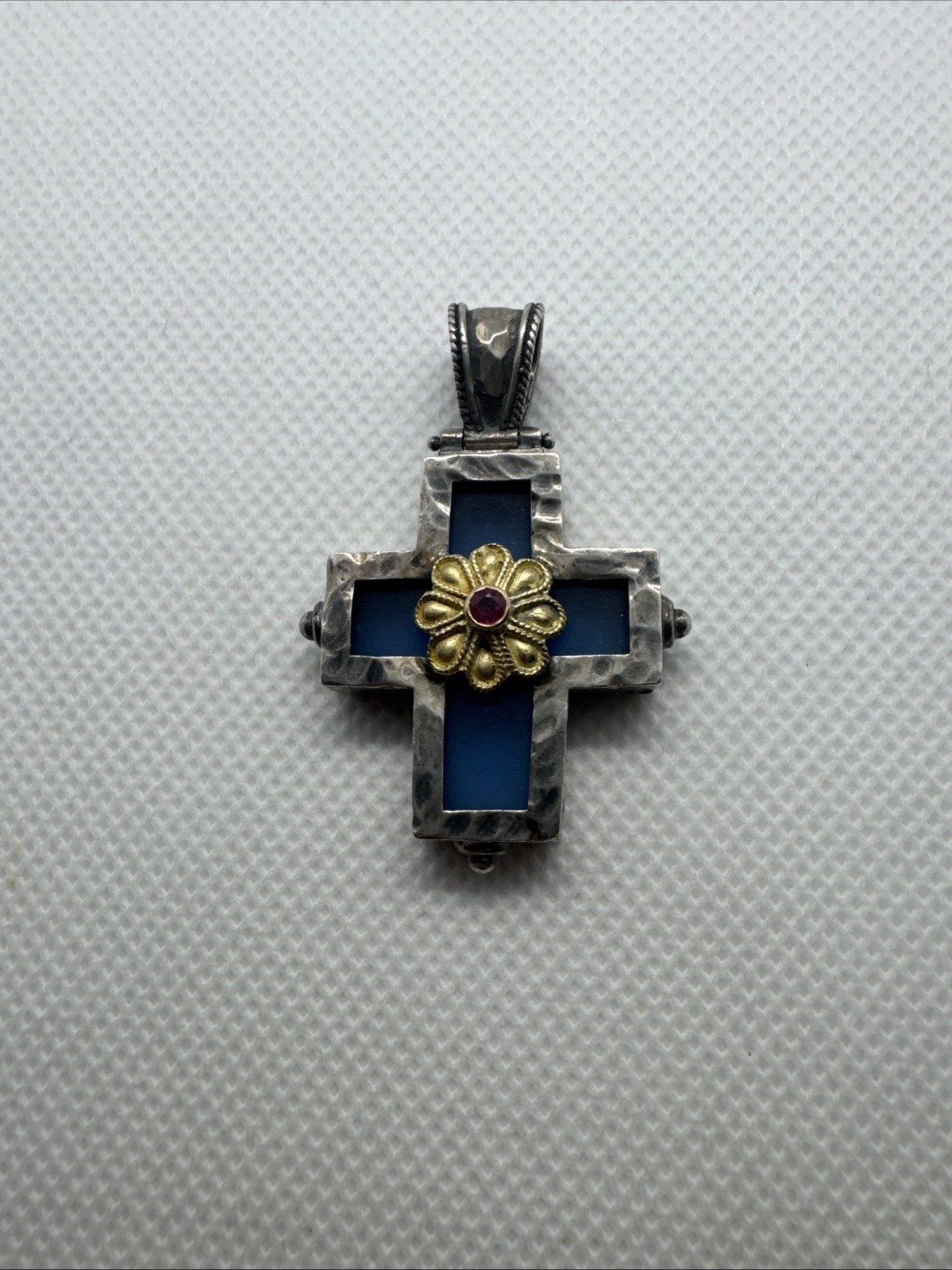 Cross Pendant Blue Glass Sterling Silver 18K Yellow Gold Red Ruby C17