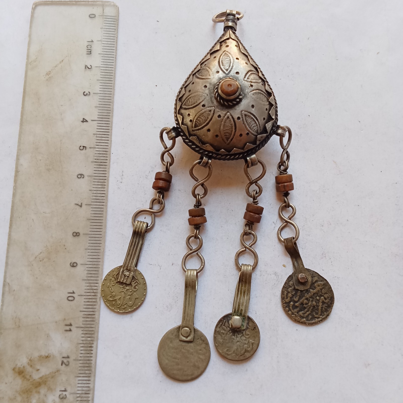 Antique Silver Tone Bedouin Prayer Box Necklace Dangle Bells