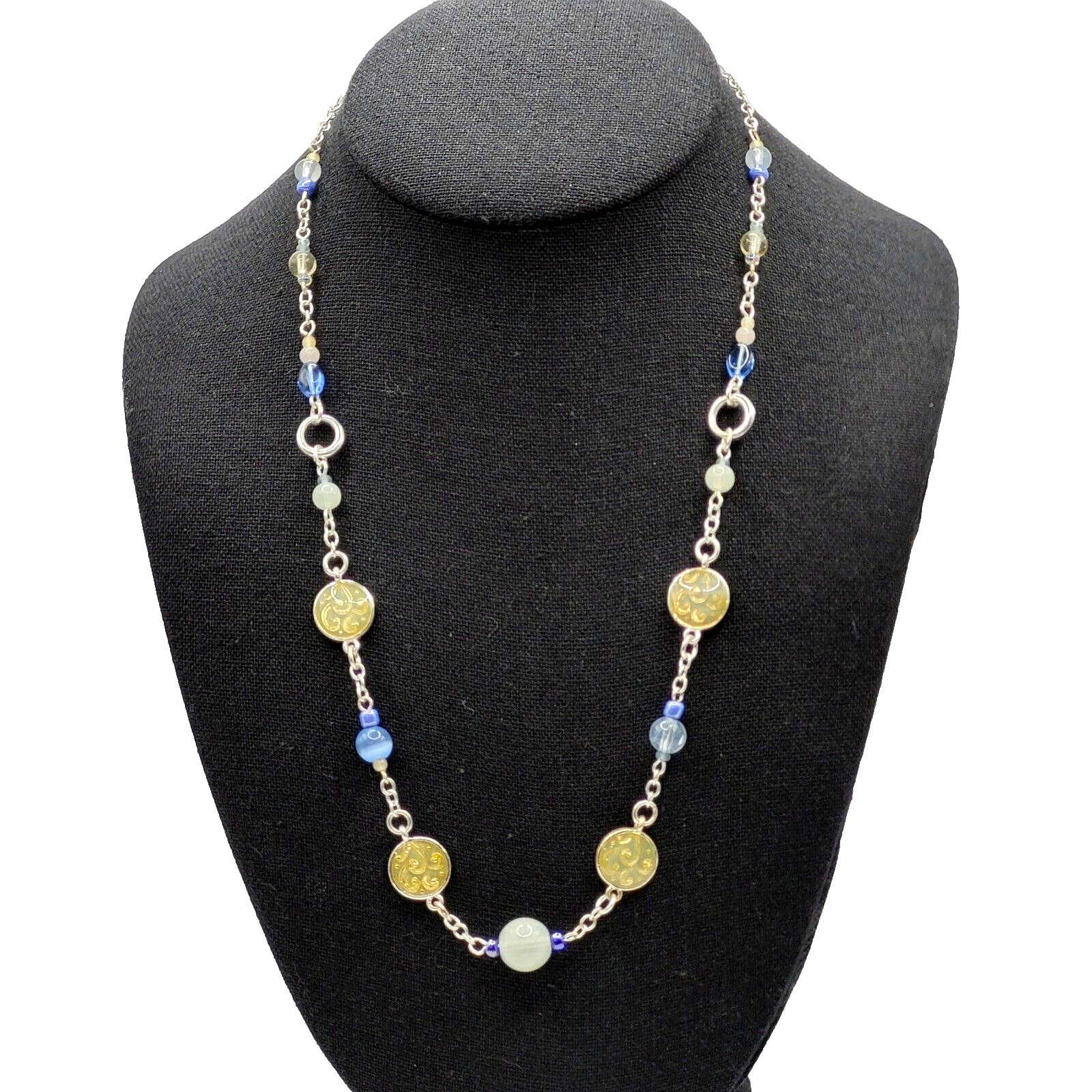 Blue & White Moonstone with Glass & Enamel Silver Tone Chain Necklace KR 24 Inch