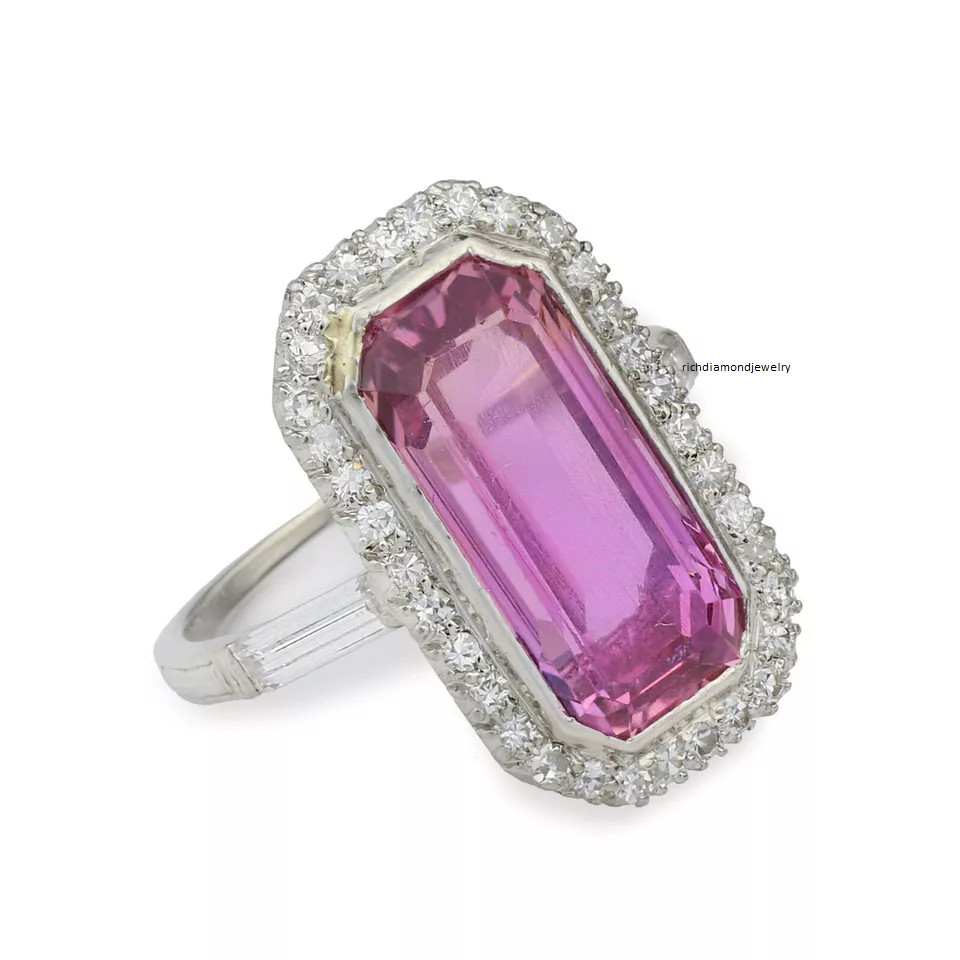 Long Emerald Cut Transparent Pink Topaz With Halo White CZ Modern Vintage Ring