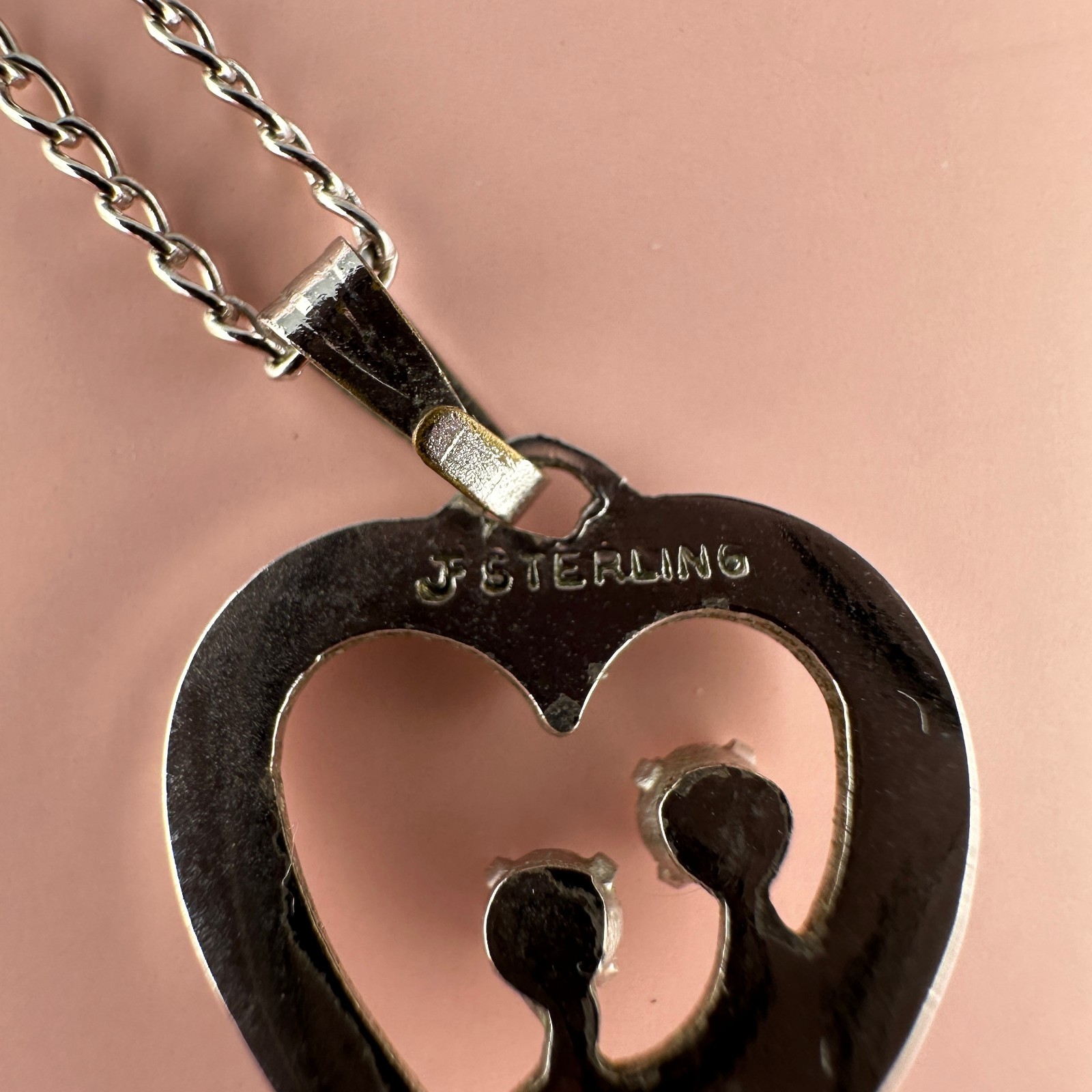 Vintage Sterling Silver Rhinestone Heart Pendant Necklace 925 Chain 16″ Signed