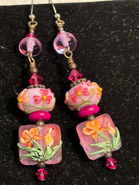Vintage Artisan Boho Lampwork Glass Floral Dangle Pink And Green Earrings
