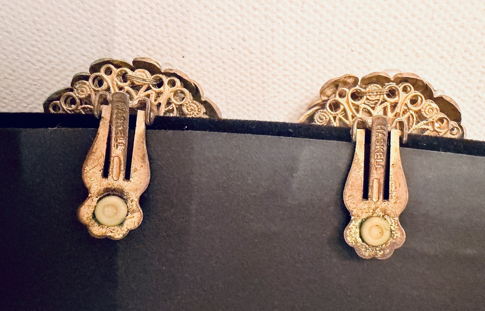 Vintage Miriam Haskell Brass Filigree Faux Pearl Clip On Earrings Mid Century