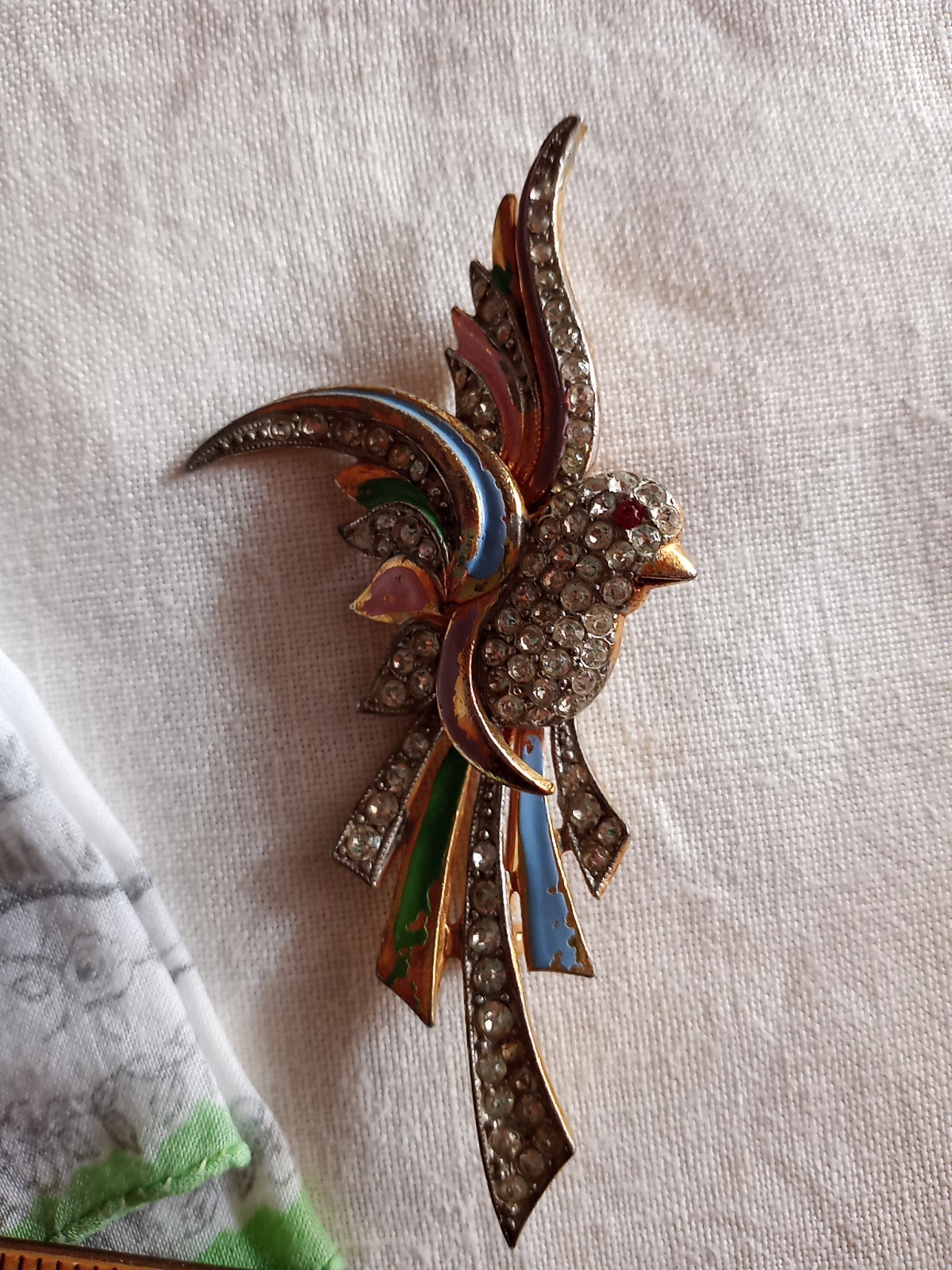 Vtg Coro? Clear Red Rhinestone Pink Blue Enameled Green Paradise Bird Brooch Pin