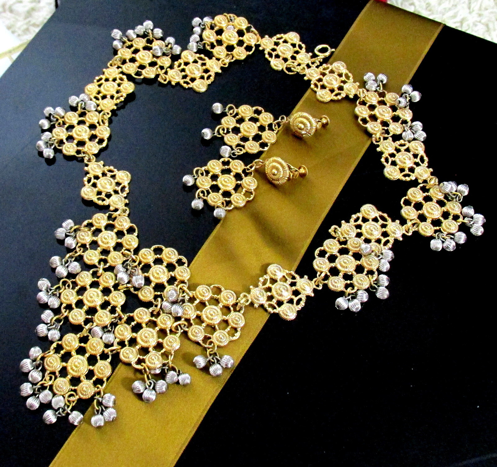VTG Rare 70s Runway GP/Silver NAPIER Cannetille Filigree BIB NECKLACE EARRINGS