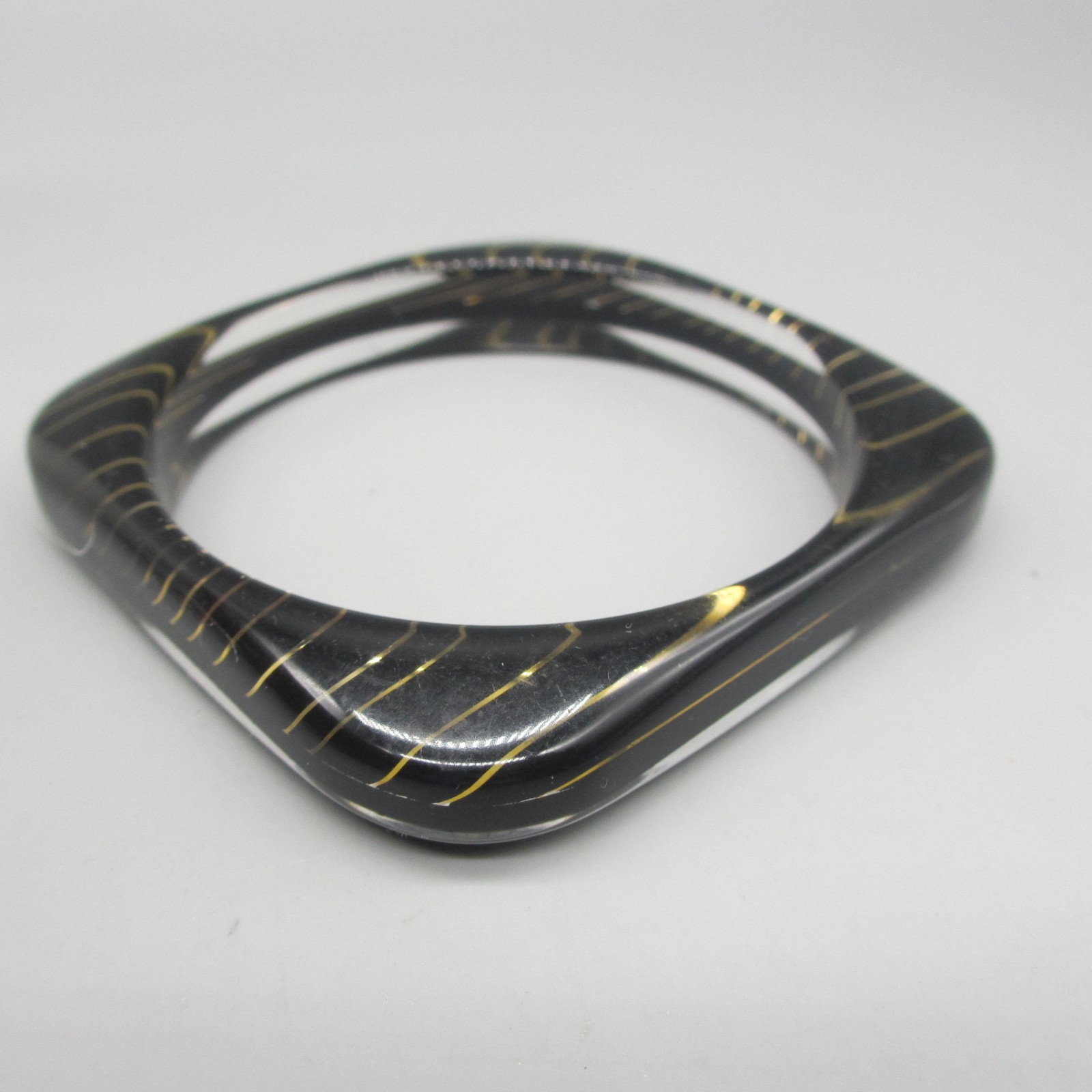Vintage Lucite Bracelet Bangle Black Clear Golden Stripes Rounded Square