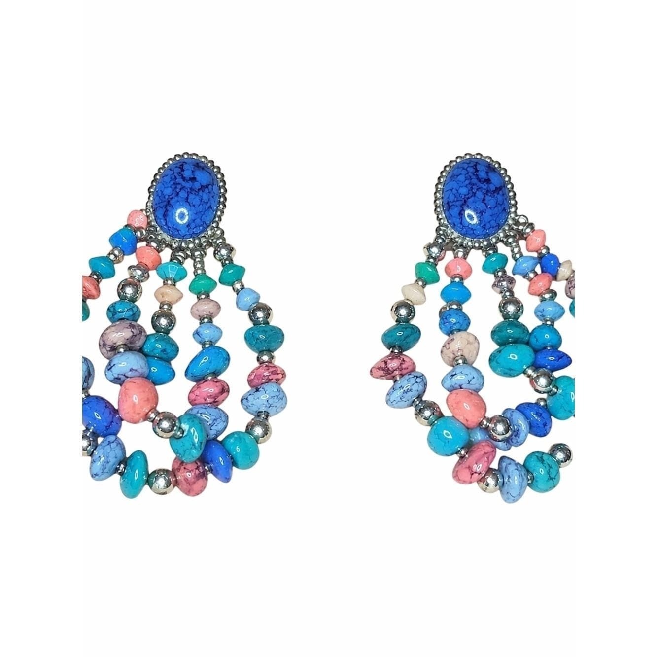 Vintage Colorful Faux Stone Bead Loop Earrings Statement Dangle Post Earrings
