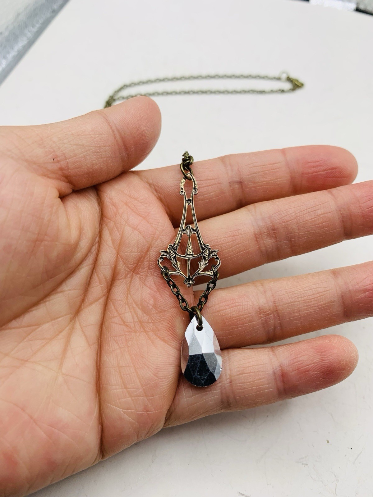 Vintage Style Art Nouveau Bronze Tone Mermaid Blue Teardrop Drop-down Necklace