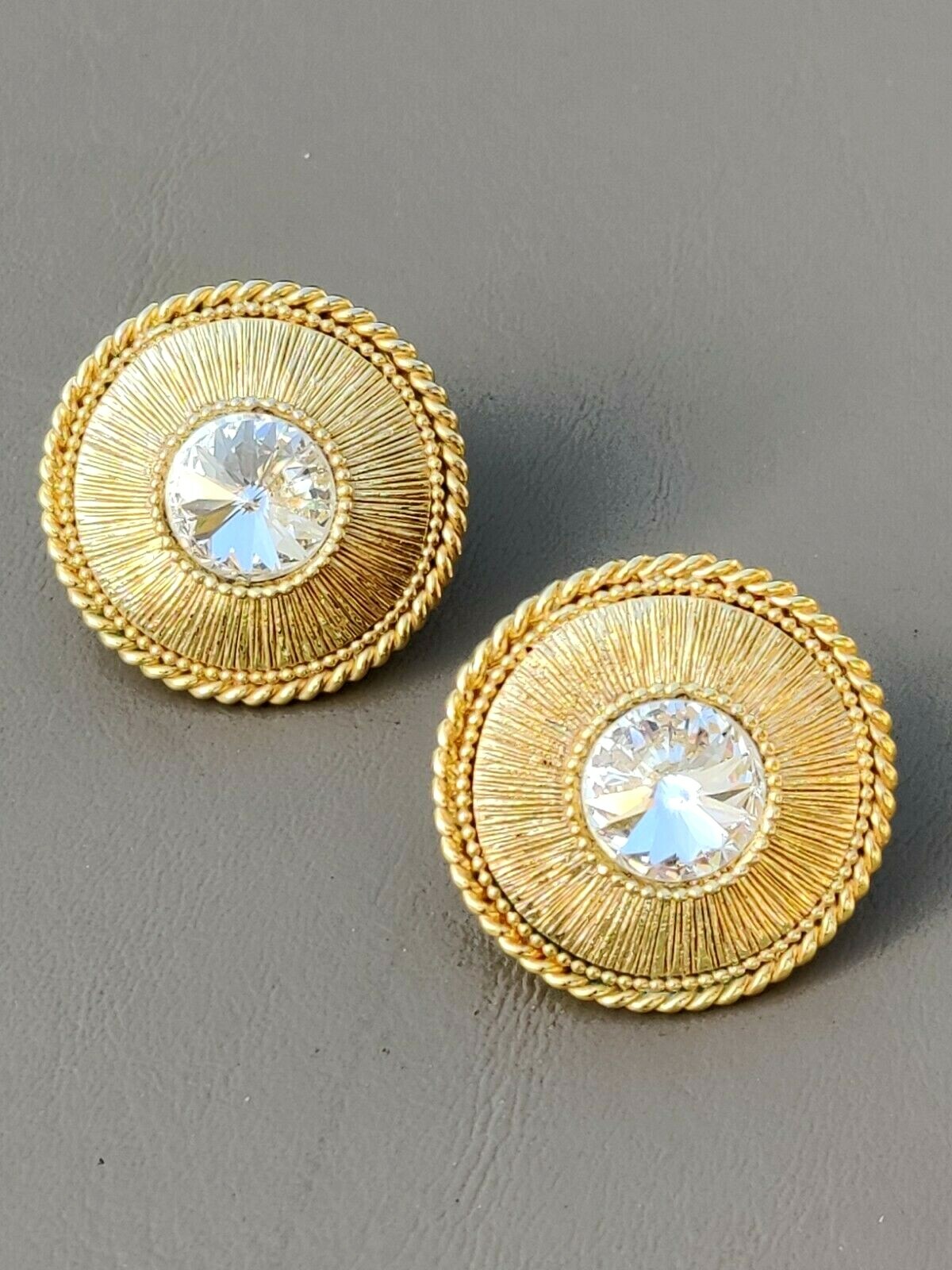 ORENA Paris France Couture Designer Brand Gold Tn Faceted Crystal Clip Earrings
