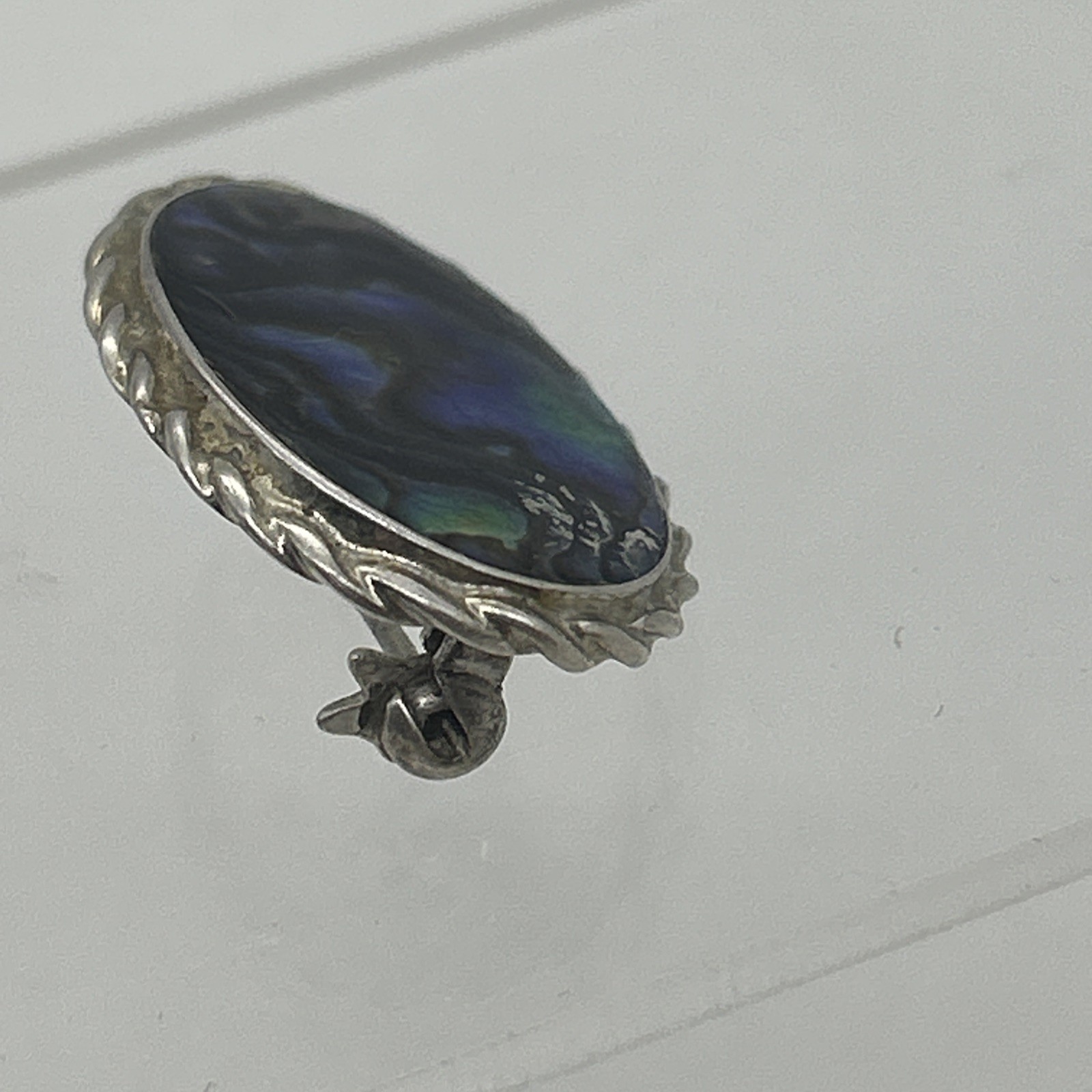 Vintage Paua Shell Sterling Silver Brooch 925 Oval Abalone Mother Of Pearl
