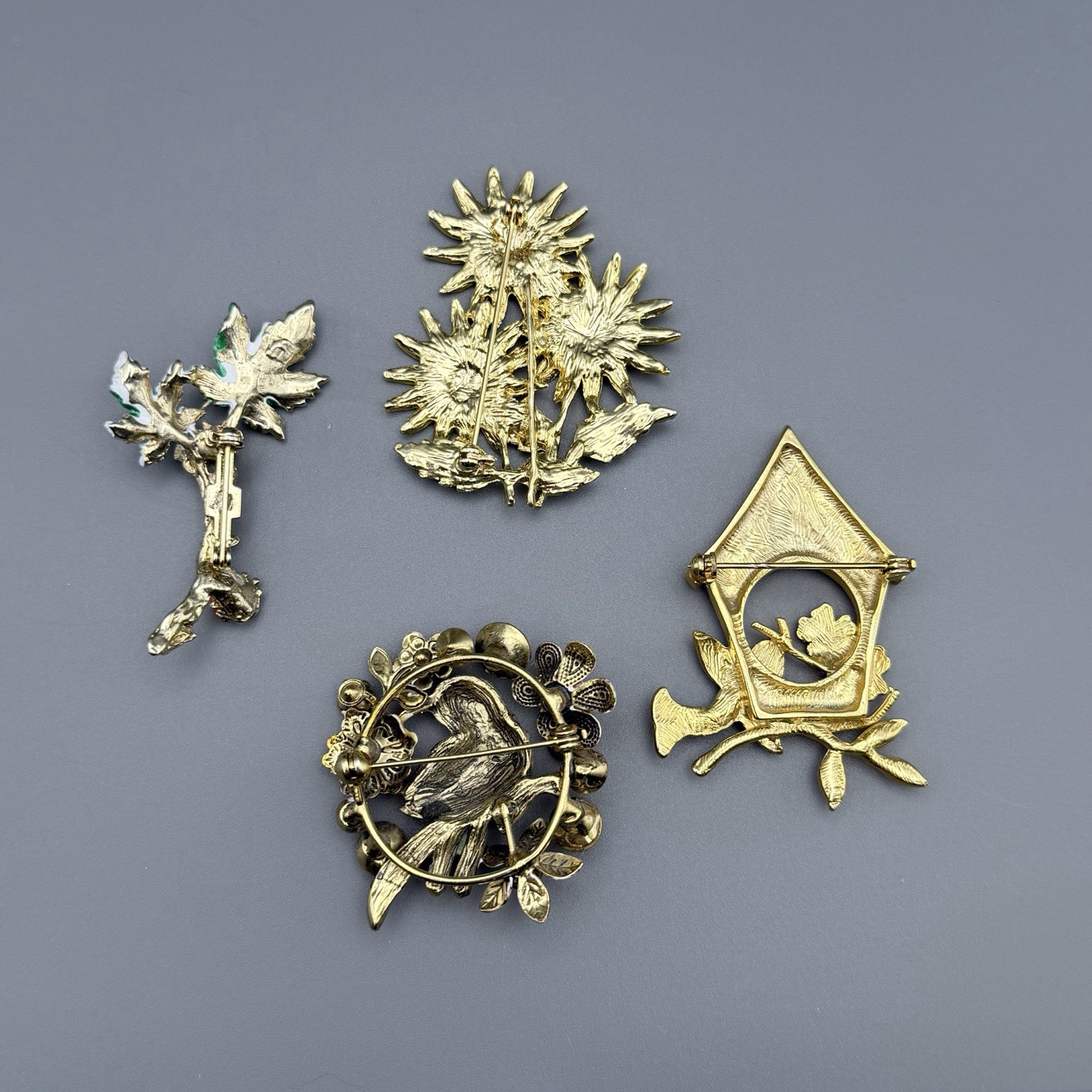 Gardening Brooch Lot Of 4 Sunflowers Birdhouse Rhinestones Enameled Gold Tone