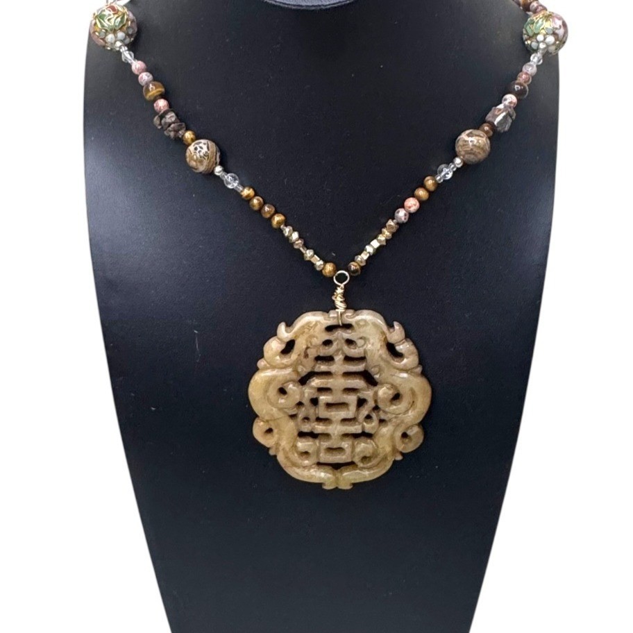 Vintage Large Carved Jade Pendant Necklace Tiger Eye Agate & Cloisonne Beads 26″