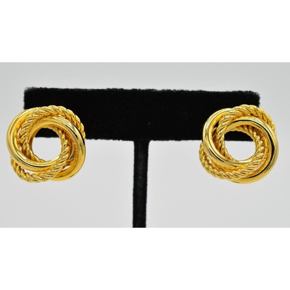 Vintage Round Knot Earrings Pierced Gold Tone Chunky Twisted Linked NOS 1980s