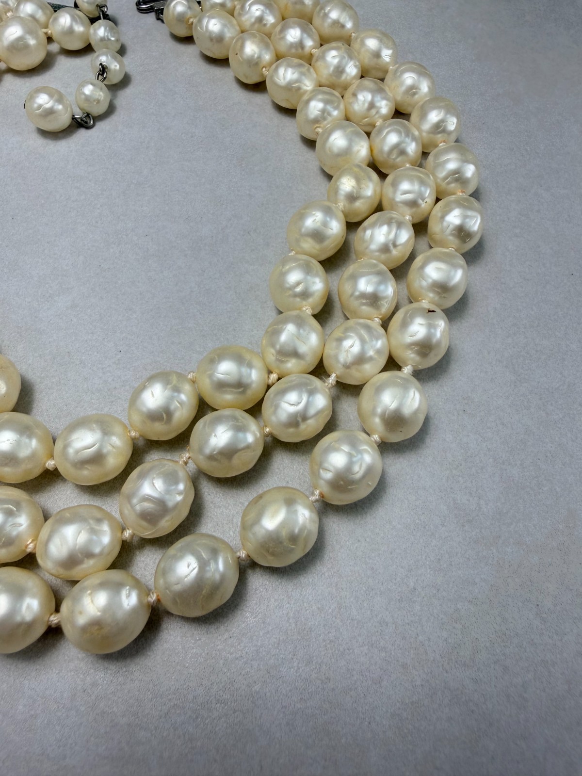 Vintage 3 Strand Baroque Faux Pearl Necklace Classic Elegant Bridal Style