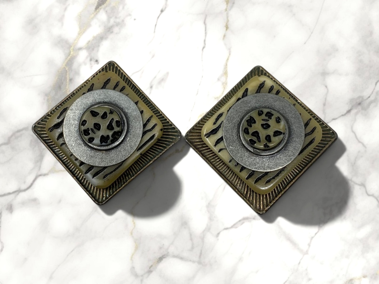 Vintage 1980’s Safari Style Clip On Earrings Geometric Square Resin Statement