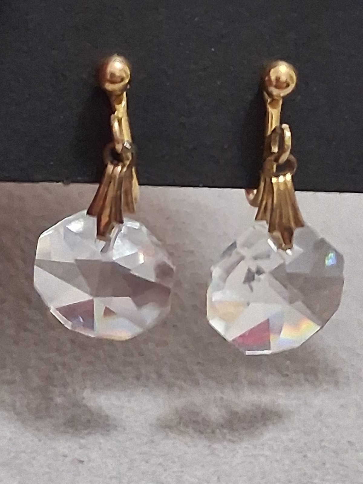 Gold filled faceted crystal dangle drop adjustable clip on earrings, geometric